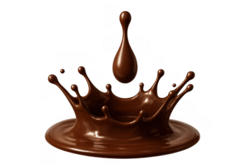 Chocolate liquid drop impacting a pool, creating a delicious splash and crown, signifying dessert, sweetness, and indulgence. Transparent background