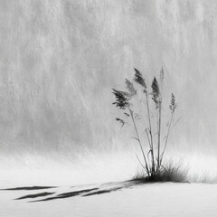Purity of a Single Dune Grass Shadow on Expansive White Minimalist Wall