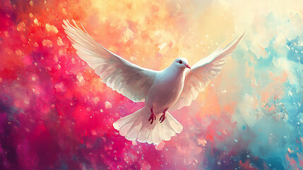 Holy Spirit dove on an abstract colorful watercolor backdrop, vibrant digital art painting, spiritual Christian illustration, bright devotional artwork ideal 