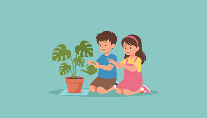 Happy children watering a potted plant Gardening growth and environmental responsibility concept