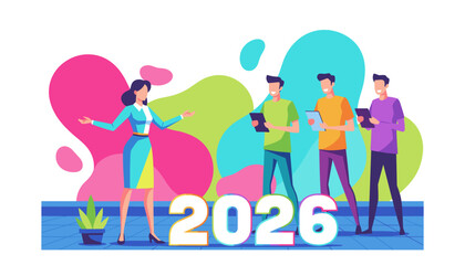 Business team collaboration and future planning for 2026 Abstract flat design illustration