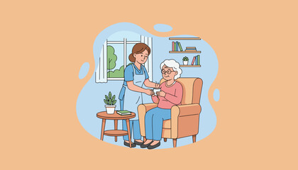 Caregiver helps senior woman sitting in armchair with cup of tea in a comfortable retirement home setting