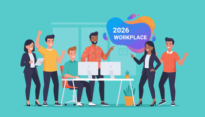 Diverse business professionals celebrating success and innovation in the 2026 future workplace
