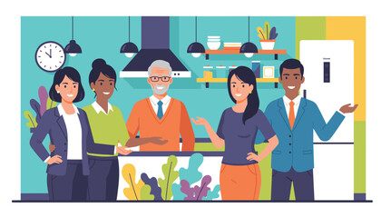 Diverse team smiling in a modern kitchen Lifestyle real estate or business illustration