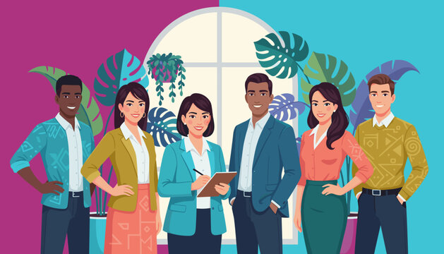 Happy diverse business team portrait in a vibrant modern office with lush tropical plants - Powered by Adobe