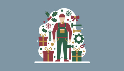 Construction worker in festive illustration surrounded by holiday gifts and tools