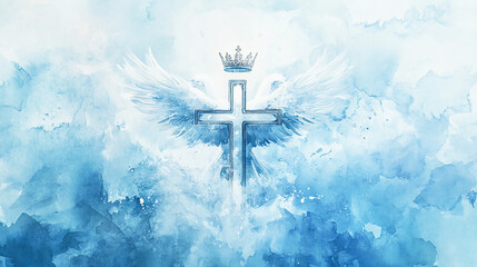 Holy Trinity symbols with cross, crown, and dove of the Holy Spirit, minimalist Christian iconography on white background, spiritual religious illustration, clean devotional artwork ideal  
