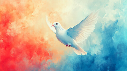 Holy Spirit dove on an abstract colorful watercolor backdrop, vibrant digital art painting, spiritual Christian illustration, bright devotional artwork ideal 