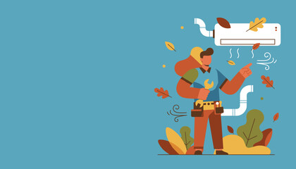 HVAC technician repairing AC unit during autumn Home climate control maintenance service illustration