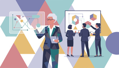 Business strategy meeting with diverse team analyzing data charts on digital and holographic displays