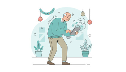 Stressed elderly man tries to use a confusing tablet device amid digital complexity icons