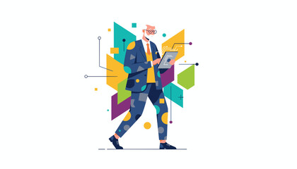 Senior professional navigating digital data with a tablet surrounded by abstract geometric tech graphics