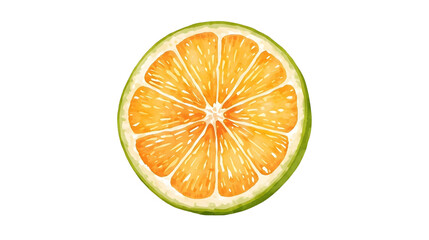 Watercolor illustration of a half cut orange with green rind on a black background design element on transparent background