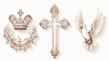 Holy Trinity symbols with cross, crown, and dove of the Holy Spirit, minimalist Christian iconography on white background, spiritual religious illustration, clean devotional artwork ideal  
