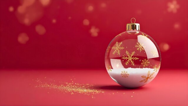 Christmas glass ball with gold snowflakes on red background, 3d rendering with copy space