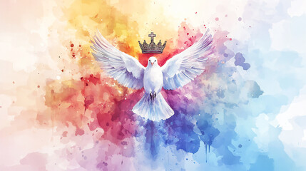 Holy Trinity symbols with cross, crown, and dove of the Holy Spirit, minimalist Christian iconography on white background, spiritual religious illustration, clean devotional artwork ideal  
