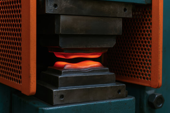 Heated rubber sheet pressed in manufacturing press forming glowing orange strip under metal dies with industrial machine