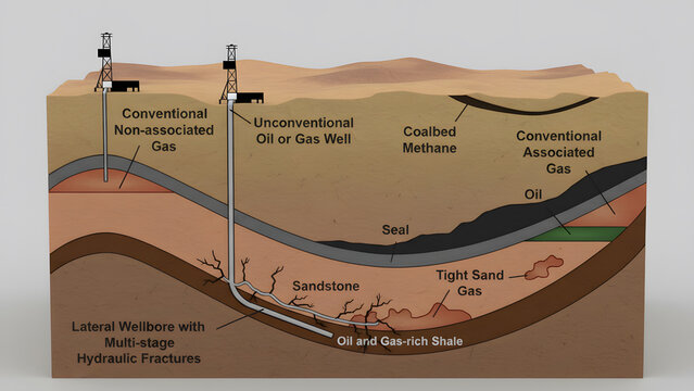 Cross-section diagram illustrating different types of Oil and Gas Reservoirs, including conventional and unconventional sources like shale gas, coalbed methane, and lateral wellbore