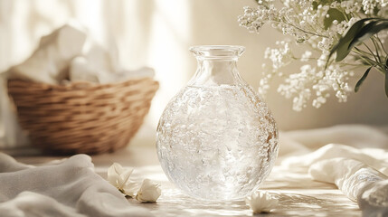 Holy water on white background, baptism and purification concept, Christian symbols and icons, clean minimal religious illustration, spiritual sacrament artwork  