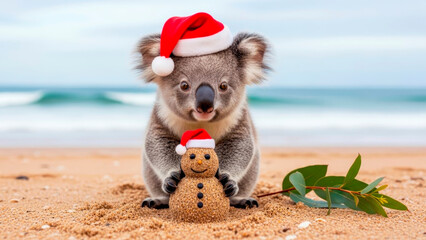 A cute koala in a Santa hat makes a snowman out of sand on the ocean shore. Merry Christmas and Happy New Year