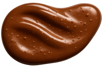 Smooth, glossy brown melted chocolate sauce forming a liquid puddle with small drops, showing tempting texture on a transparent background