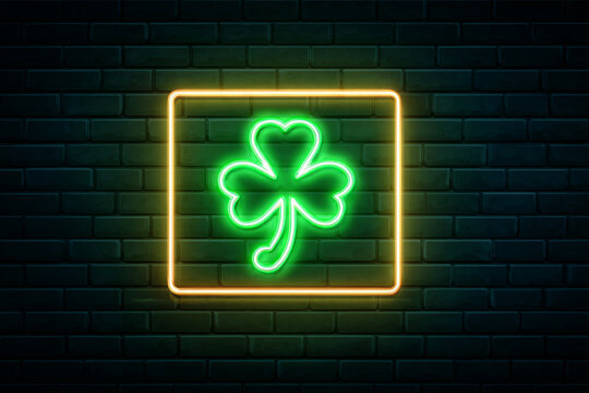 Neon shamrock clover glowing green square border brick wall night festive Irish