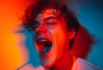 Obraz premium Motion. Young caucasian inspired and expressive musicians, band performing on multicolored background in neon. Concept of music, hobby, festival, art. Joyful artist, colorful, bright portrait.