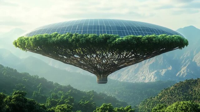 A solar-powered airship, shaped like a tree canoe, glides over a lush forest with integrated solar panels