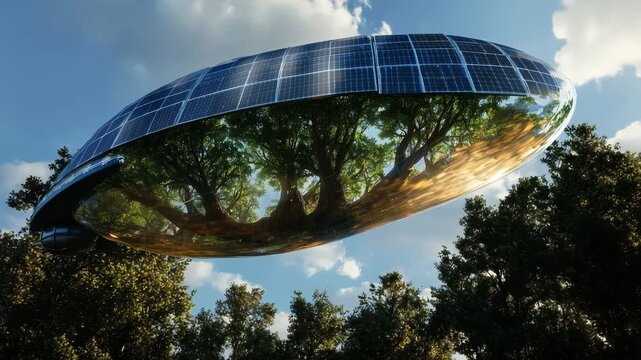 A solar-powered airship, shaped like a tree canoe, glides over a lush forest with integrated solar panels