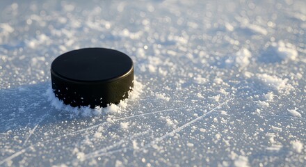 black hockey puck resting on a textured ice surface, surrounded by scattered snow particles.