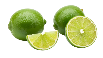 Two whole green limes and two cut lime pieces with visible pulp and seeds, cutout, PNG isolated on transparent background