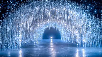 Icy cave grotto tunnel with sharp icicles and glowing light at the end, frozen landscape, cold winter environment, atmospheric digital illustration 