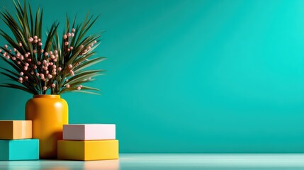 A charming composition featuring a stylish arrangement of colorful boxes and a tropical plant, creating a refreshing and vibrant aesthetic perfect for modern decor.