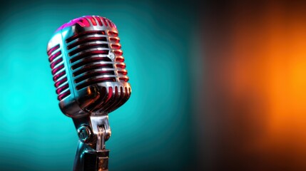 A stunning artistic rendition of a vintage microphone with neon highlights, creating a vibrant and captivating atmosphere that celebrates the magic of music and performance.