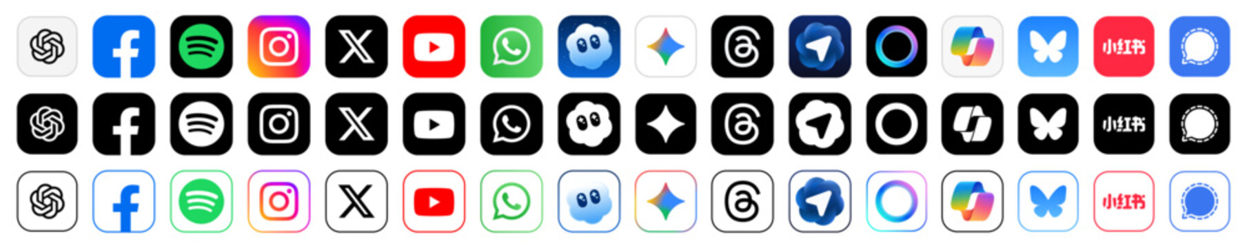 Social media icon set featuring Facebook, Instagram, X, YouTube, WhatsApp, Threads, Bluesky, Spotify plus new AI apps including ChatGPT, Meta AI, Microsoft Copilot, Google Gemini, Atlas, Sora2.