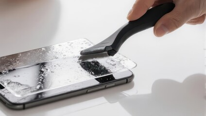 Person applying screen protector to smartphone for enhanced protection.