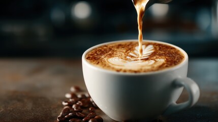 A beautifully crafted coffee drink with intricate latte art being poured into a pristine white cup, celebrating the art of coffee-making and cozy moments of enjoyment.