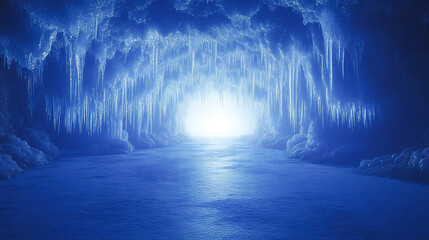 Icy cave grotto tunnel with sharp icicles and glowing light at the end, frozen landscape, cold winter environment, atmospheric digital illustration 