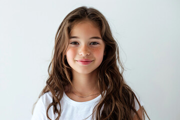 a young girl with long hair and a white shirt