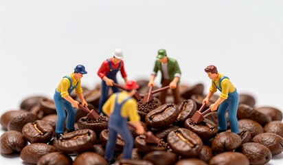 Workers tending to coffee beans in a creative and playful scene featuring miniature figures