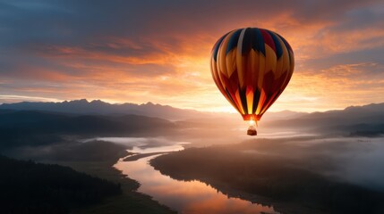 Fototapeta premium A vibrant hot air balloon floats gracefully over a breathtaking sunrise landscape, showcasing the beauty of nature and adventure in the early morning sky.
