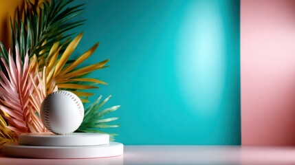 A pristine baseball sits on a stylish pedestal, surrounded by vibrant colors, representing sport, passion, and the artistry involved in athletic achievements.