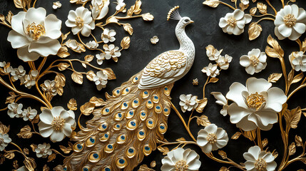 Elegant golden and white seamless floral design with flowers and peacocks on a black backdrop, metallic Italian-Chinese inspired 3D modern mural artwork, perfect for luxury wallpaper and decor