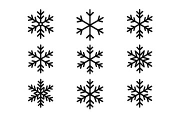 Unique designs of snowflakes arranged in a three by three grid showcasing various styles and patterns in black color