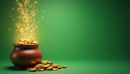 Brown pot filled with shiny gold coins, surrounded by scattered coins, emitting sparkling light particles against a vibrant green background, symbolizing wealth and prosperity, St. Patrick's Day