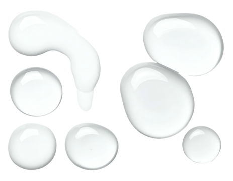 Reflective white liquid drops on black background, various shapes