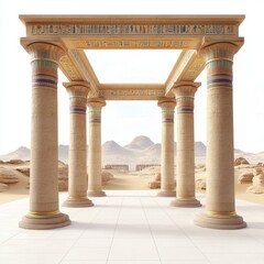 Ancient egyptian temple columns in desert setting with hieroglyphic details