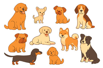 Various cartoon dogs in an engaging and cheerful arrangement showcasing different breeds and sizes