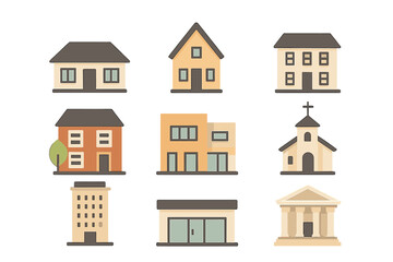 Various types of houses and buildings illustrated in a flat design style for urban planning concepts