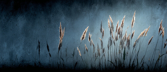 Dramatic Twilight Silhouette: Tall Grasses Casting Long Shadows on Dark Rock Surface